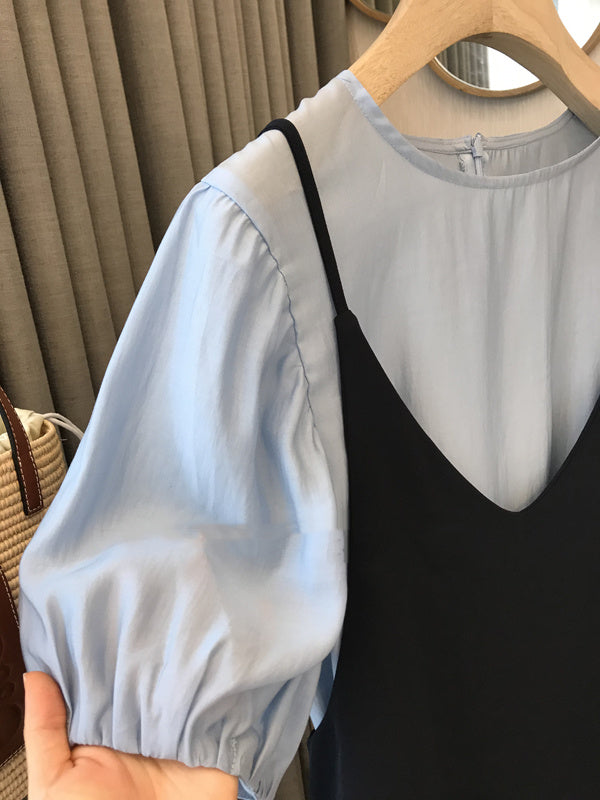 Tencel Lamp Shirt Plus French Sling Maxi Dress 2 Piece Set