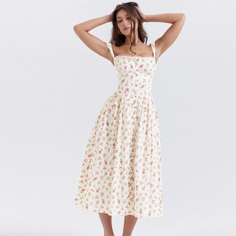 High Waist Temperament Floral Dress Female Button