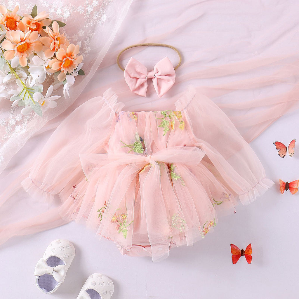 Baby Girl Jumpsuit Infant Long Sleeve Mesh Flower Embroidered Skirt Bottom-covering Rompers