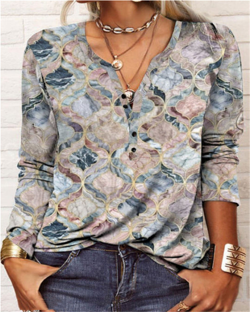 Women's Casual Ethnic Style V-neck Long-sleeved T-shirt