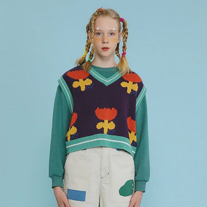 Autumn Winter Women Floral Vest V Neck Loose Knitted Pullovers Short Sweater