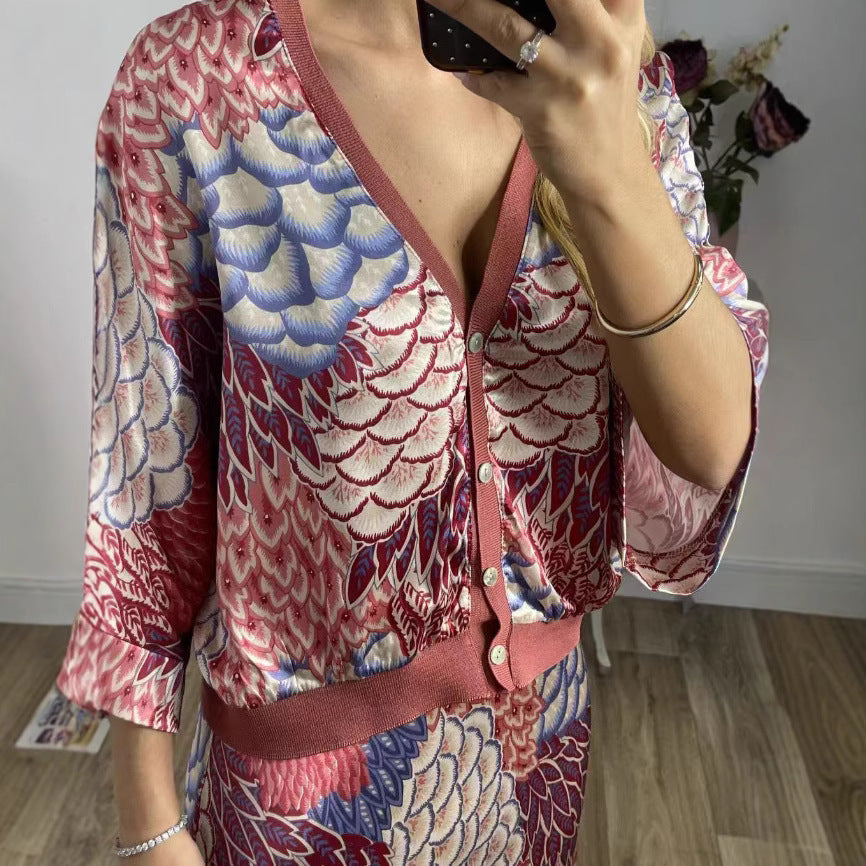 Elegant Home Satin Printed Short Sleeve Wrapped Skirt