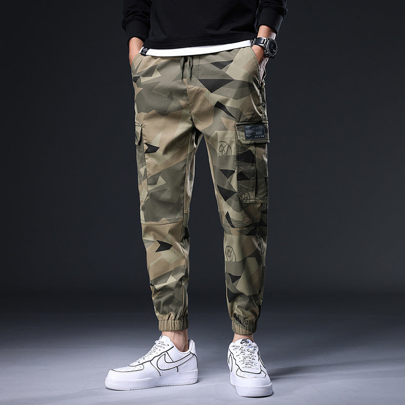 Elastic Waist Camouflage Multi-bag Casual Pants Men's Japanese Fashion Brand Loose Tappered Cropped Pants Outdoor Harem Overalls