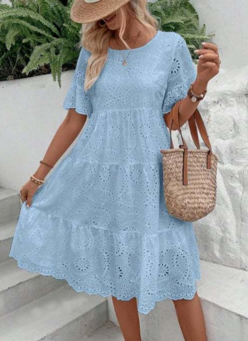 Casual Women's Embroidered Hollow Short Sleeve Round Neck Ruffle Sleeve Waist Dress