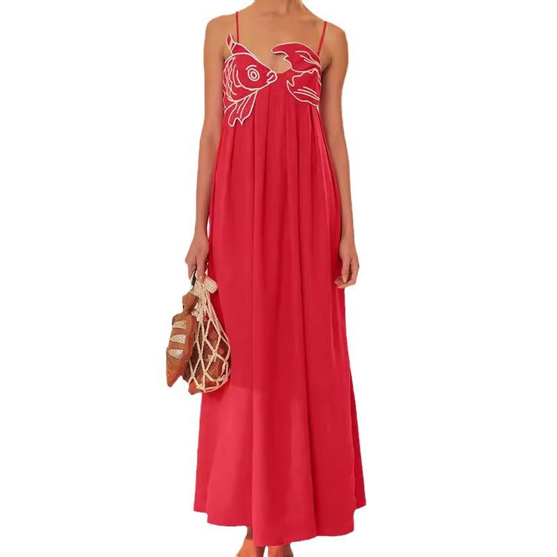 Red Fish-shaped Top Extra Long Dress Backless Slip Dress