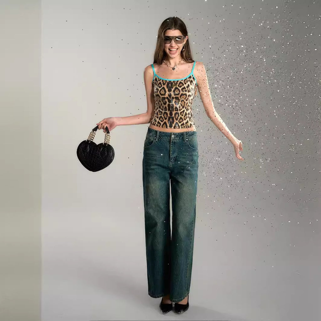 Leopard Print Sweetheart Sequined Vest Contrast Color Sling