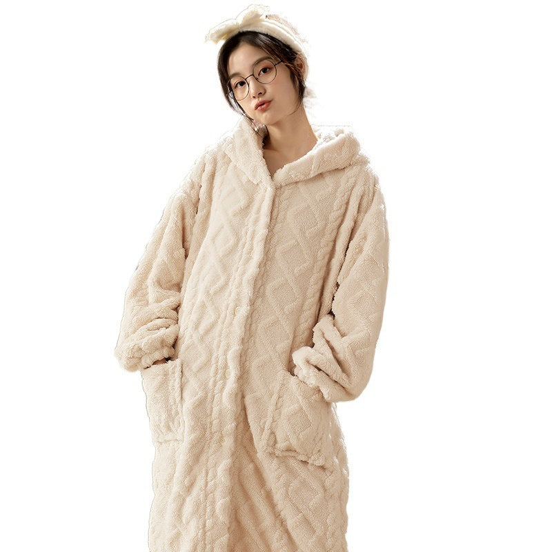Flannel Thickened Long Jacquard Hooded Home Service Suit
