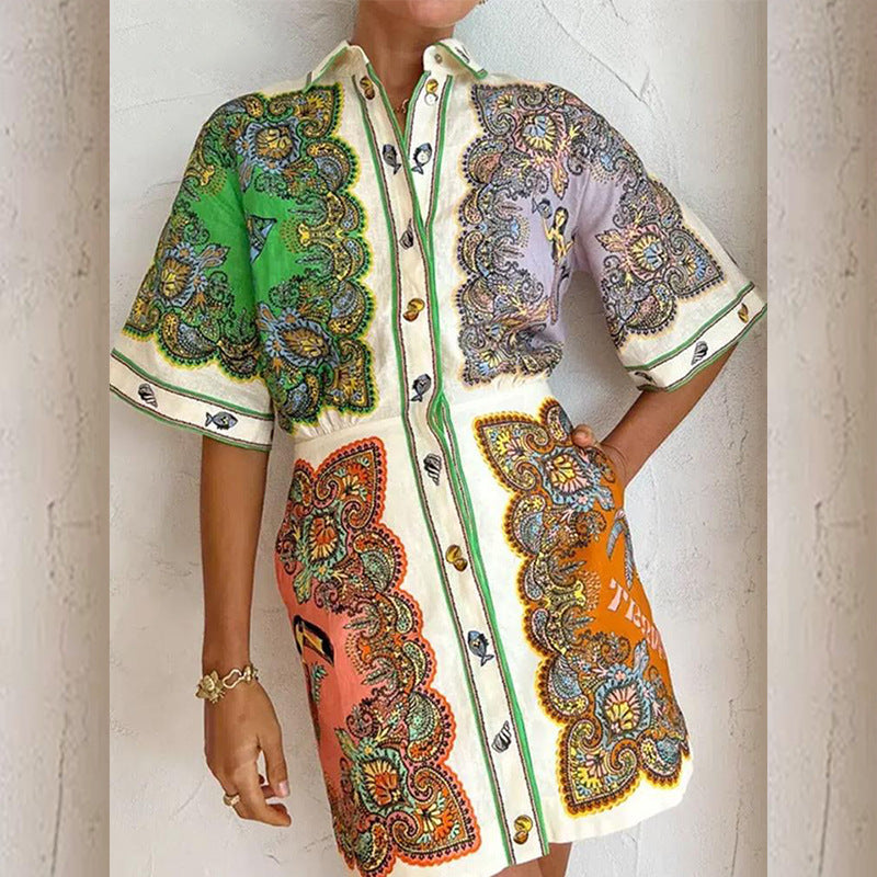 European And American Lapel Single Breasted Printed Long Sleeve Casual Dress