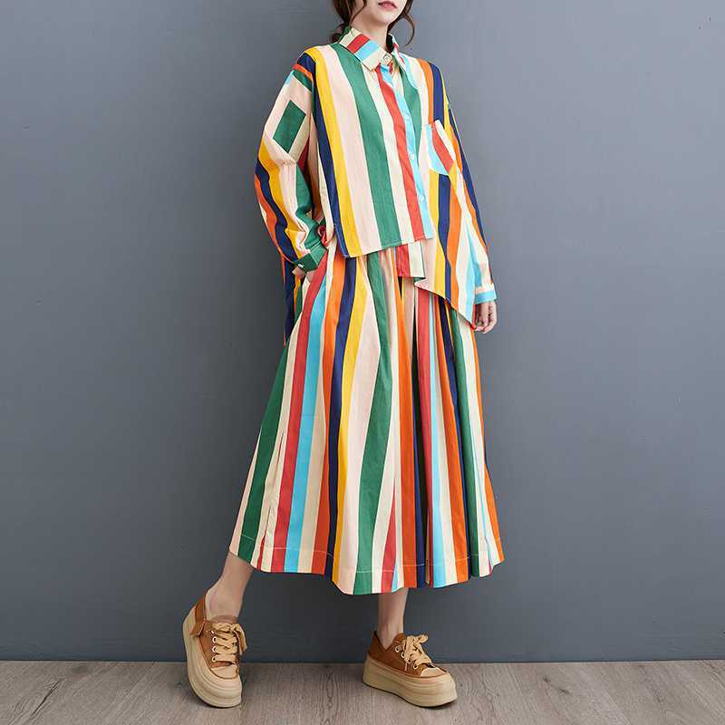 Loose Artistic Color Stripes Irregular Shirt Big Hem Skirt Two-piece Set
