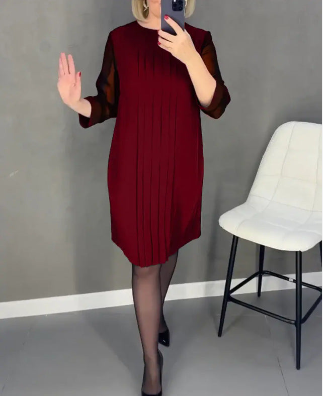 Lace Sleeve Round Neck Pleated Long Sleeve Dress Women's Clothing