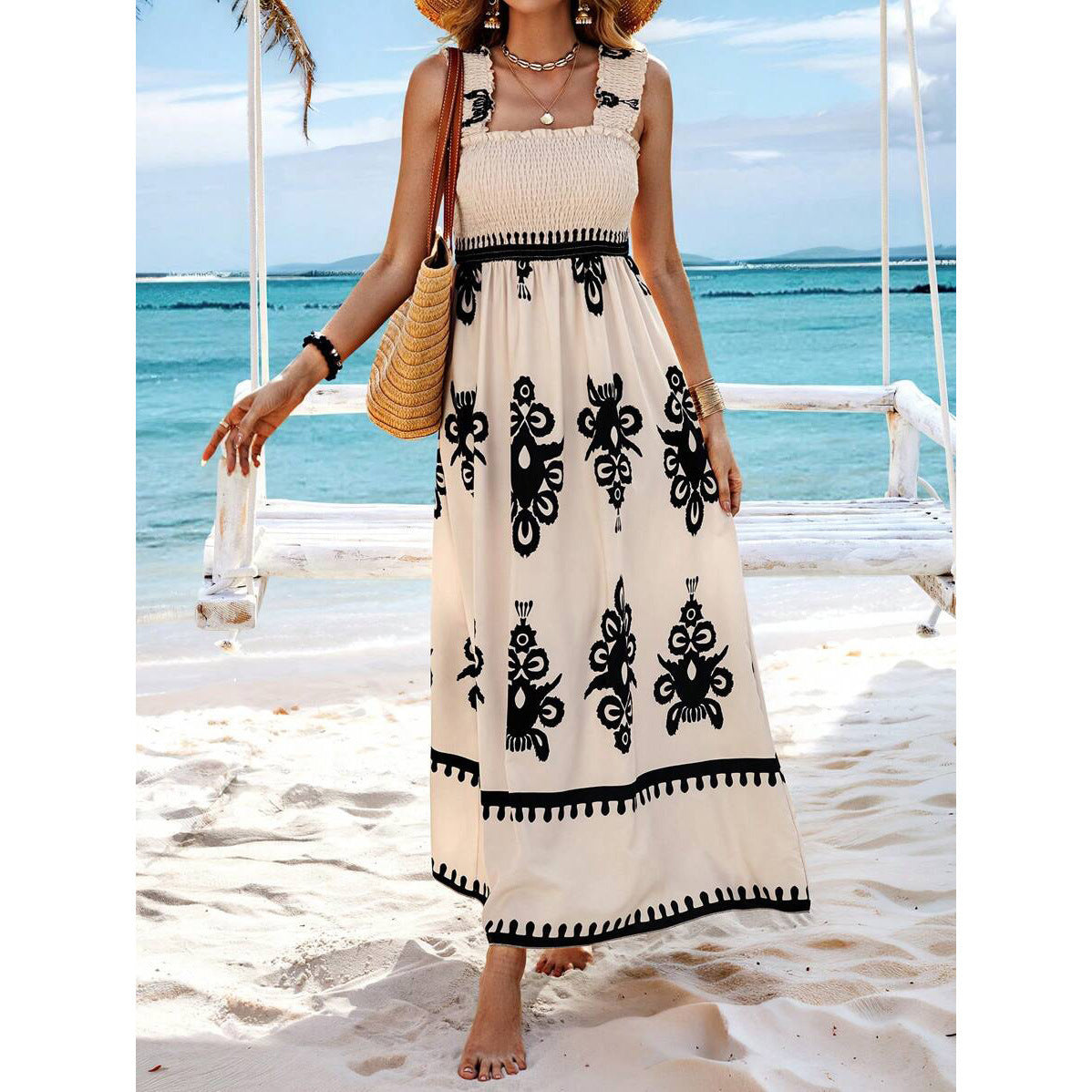 Holiday Style Printed Front Cross Mid-length Dress