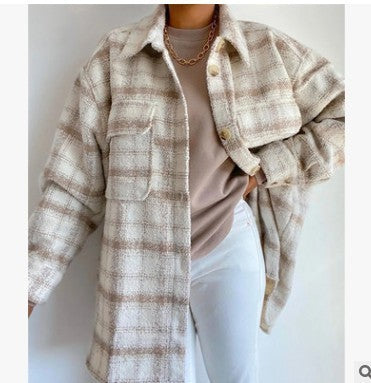Fashion Ladies Plaid Loose Shirt Woolen Jacket