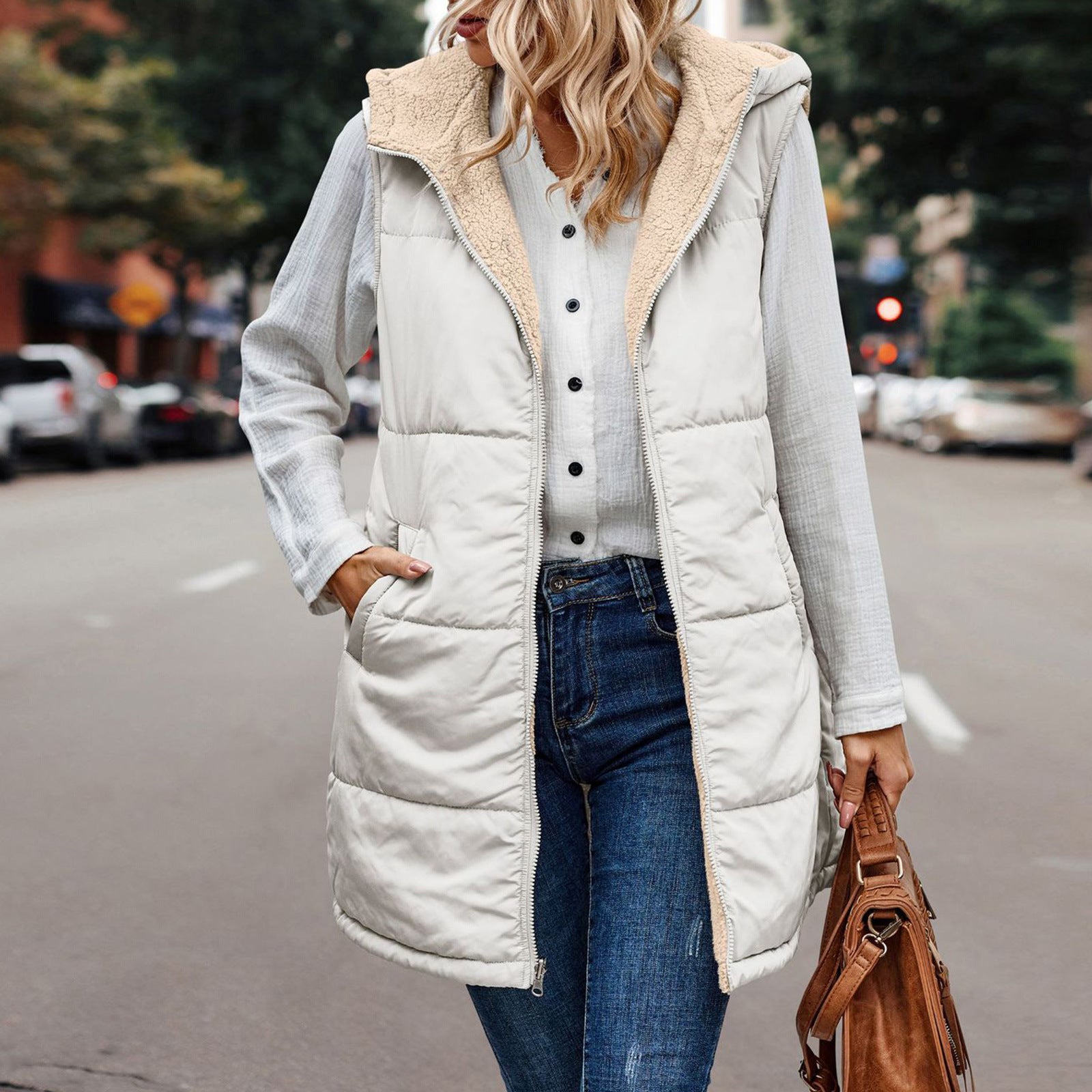 European And American Solid Color Hooded Cotton Jacket Vest Double-sided Wear Slim Elegant Cardigan Coat