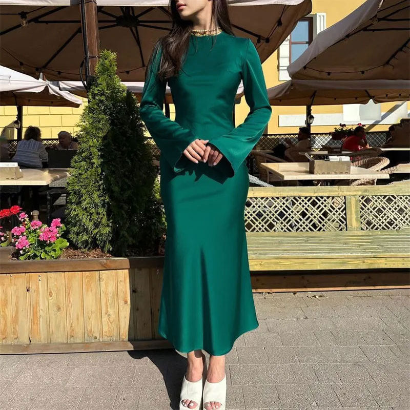 Women's Clothing Temperament Pure Color Long Sleeve Round Neck Waist Trimming Sheath French Dress