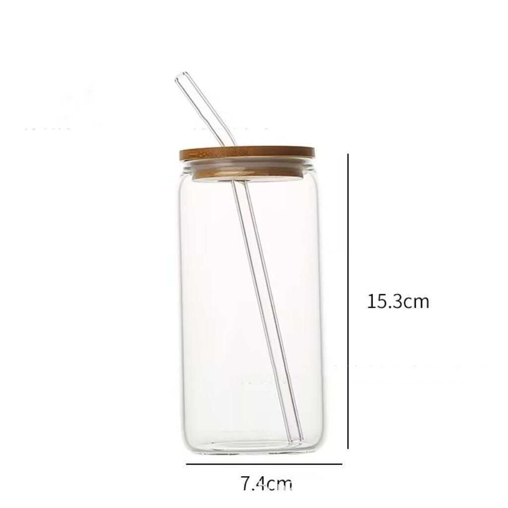 16oz Glass Bottle With Bamboo Cap Drink Juice Cup With Straw