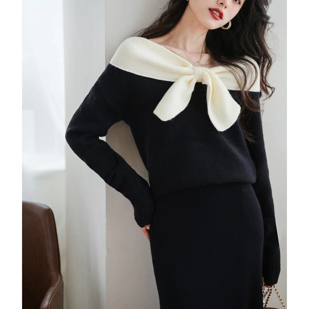 Design Niche Off-shoulder Bow Top Women's Spring New Black Knitted Chic Inner Wear T-shirt
