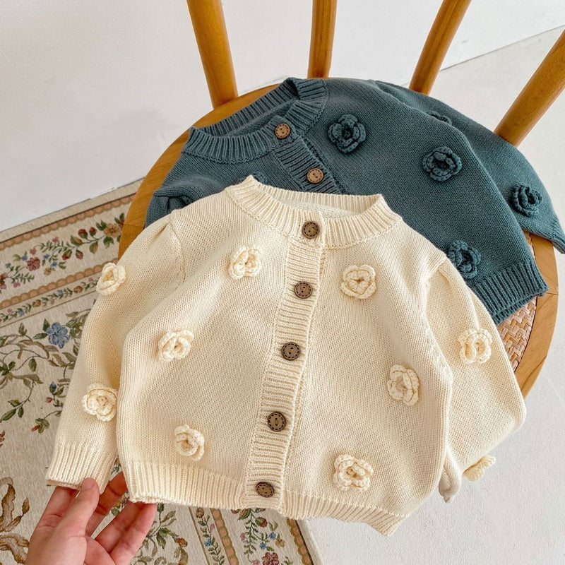 Floral Knit Cotton Yarn Jacket Round Neck Sweater Cardigan