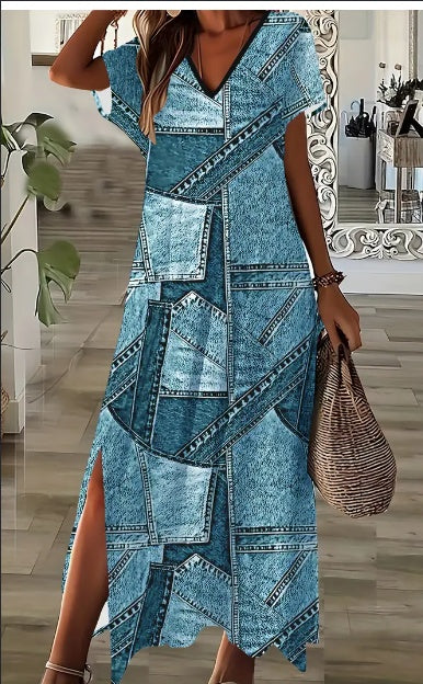Elegant Women's Short Sleeve V-Neck Denim-Inspired Dress With Geometric Print And Side Slit -  Machine Washable - Chic Summer Fashion