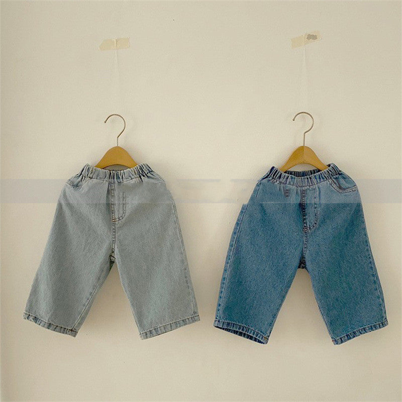 Children's Elastic Waist Leisure Washed-out Jeans
