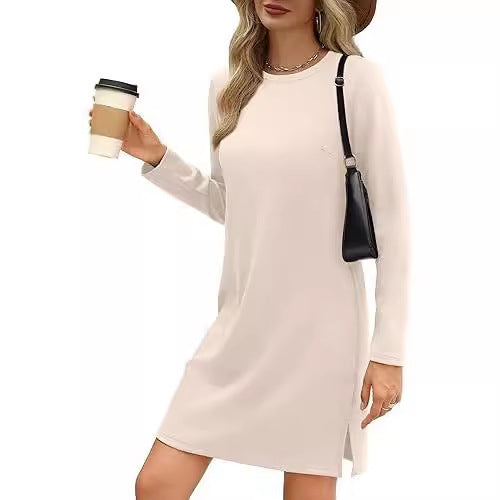 European And American Round Neck Slit Hemline At Hem Sweater Long Sleeve Casual Dress
