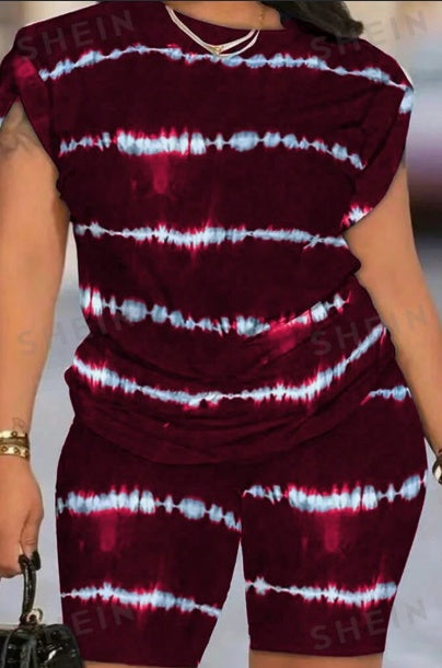 2pcs Set Striped Round Neck T-Shirt And Cycling Shorts