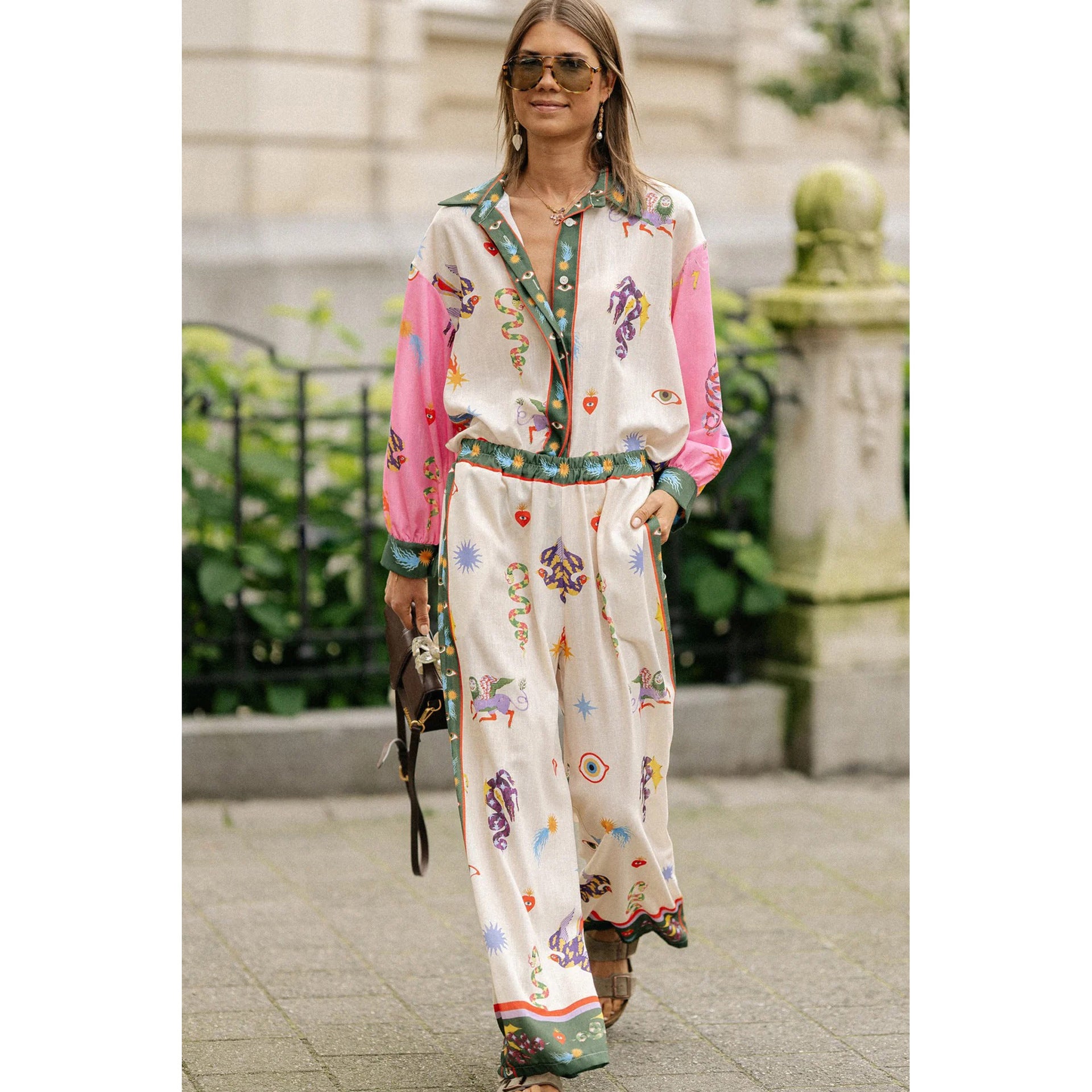 Long Sleeve Pocket Abstract Printing Loose Casual Two-piece Suit Women