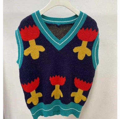 Autumn Winter Women Floral Vest V Neck Loose Knitted Pullovers Short Sweater