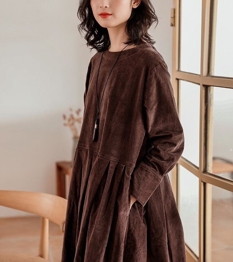 Long Sleeve Mid-length Artistic Corduroy Velvet Dress Women