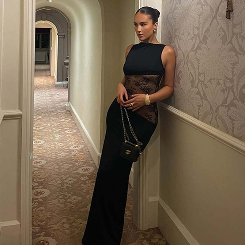 Hollow Backless Sleeveless Stitching Lace Mid Waist See-through Long Dress