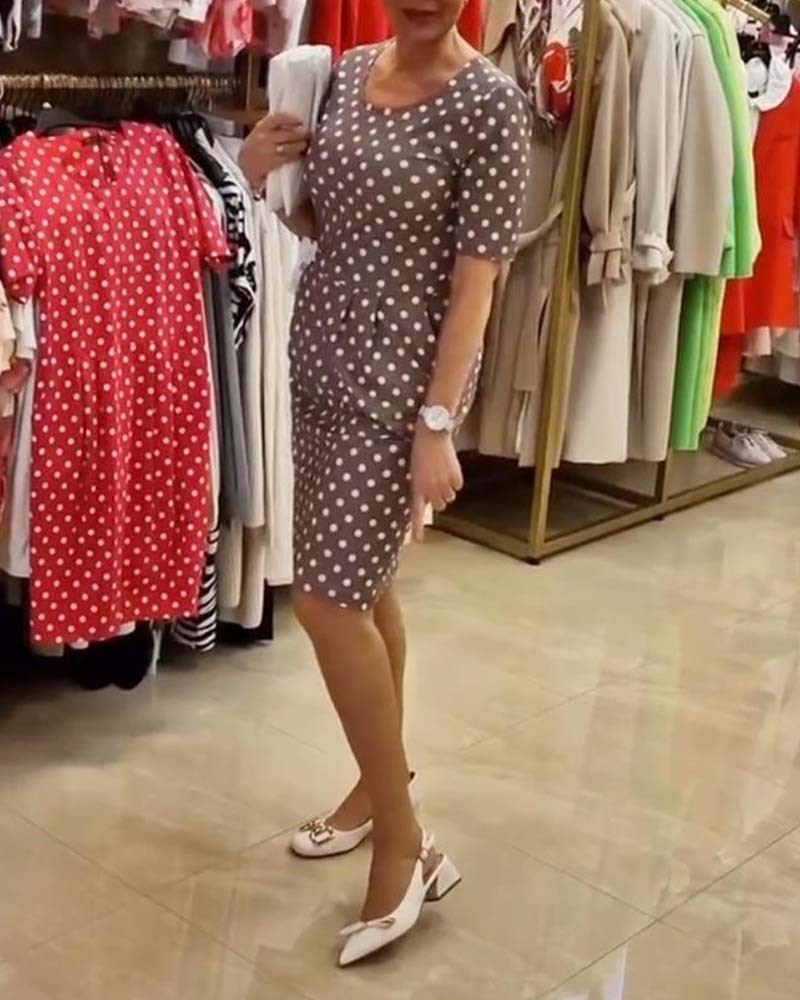 Women's Polka Dot Print Short Sleeve Stitching Round Neck Dress