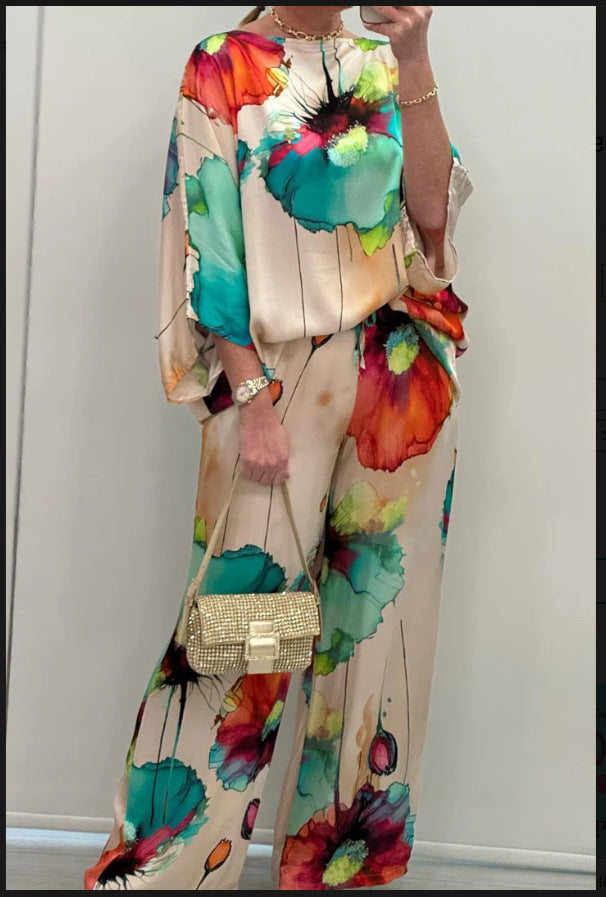 Indian Casual Round Neck Printed Satin Suit