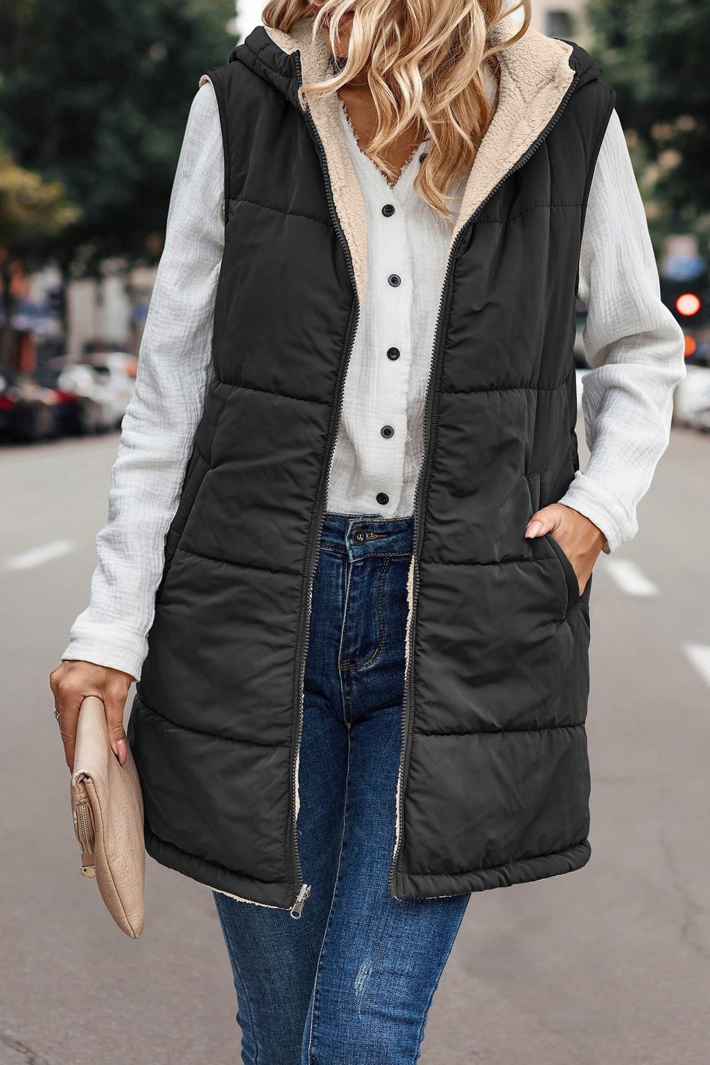 European And American Solid Color Hooded Cotton Jacket Vest Double-sided Wear Slim Elegant Cardigan Coat
