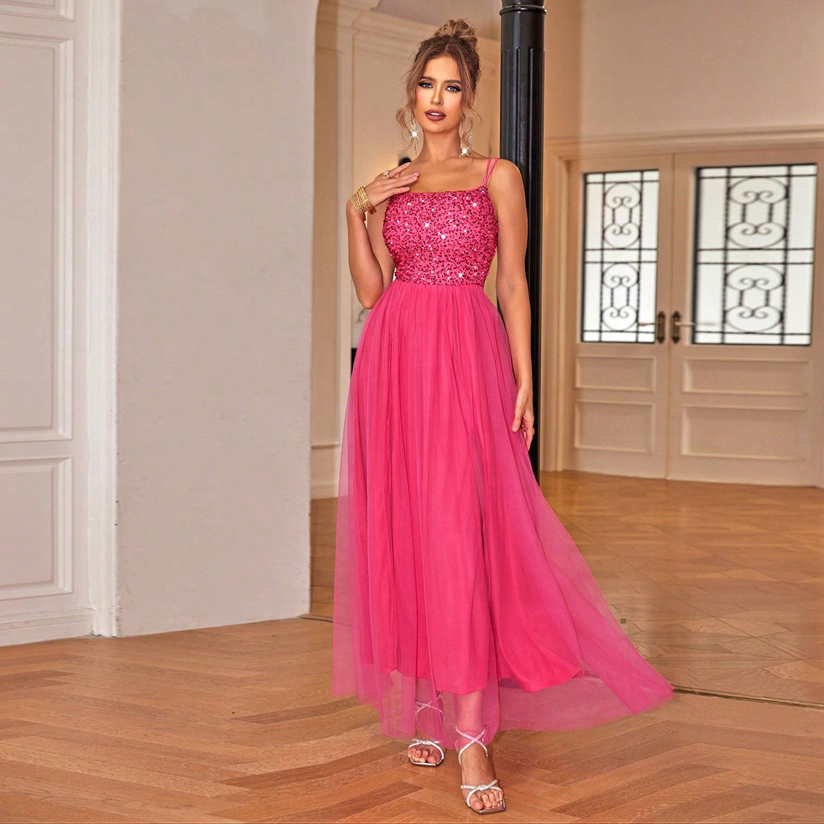 Women's Clothing Contrast Color Sequined Mesh Camouflage Dress