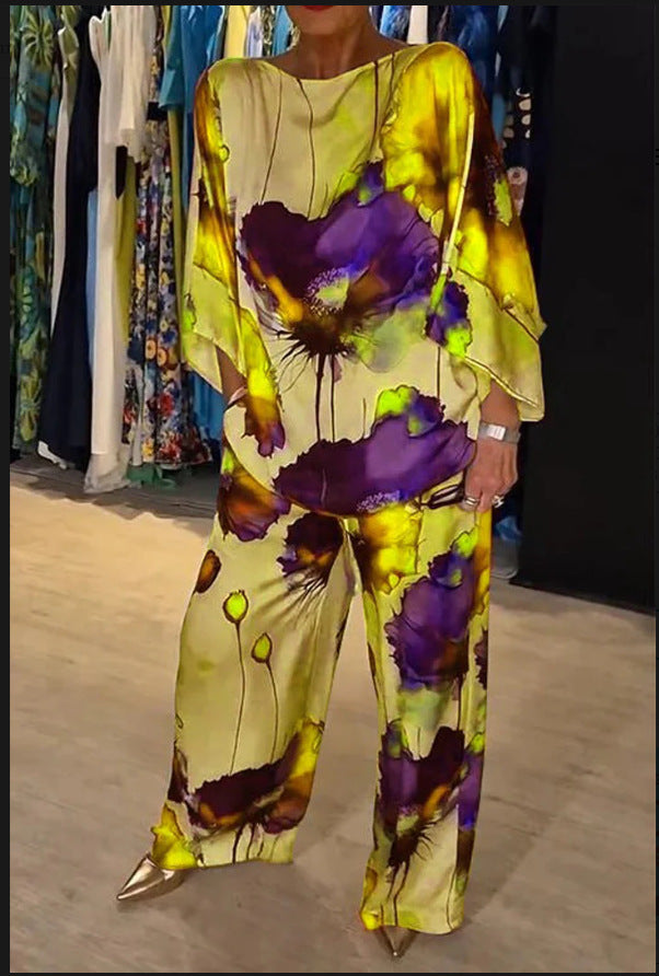 Indian Casual Round Neck Printed Satin Suit