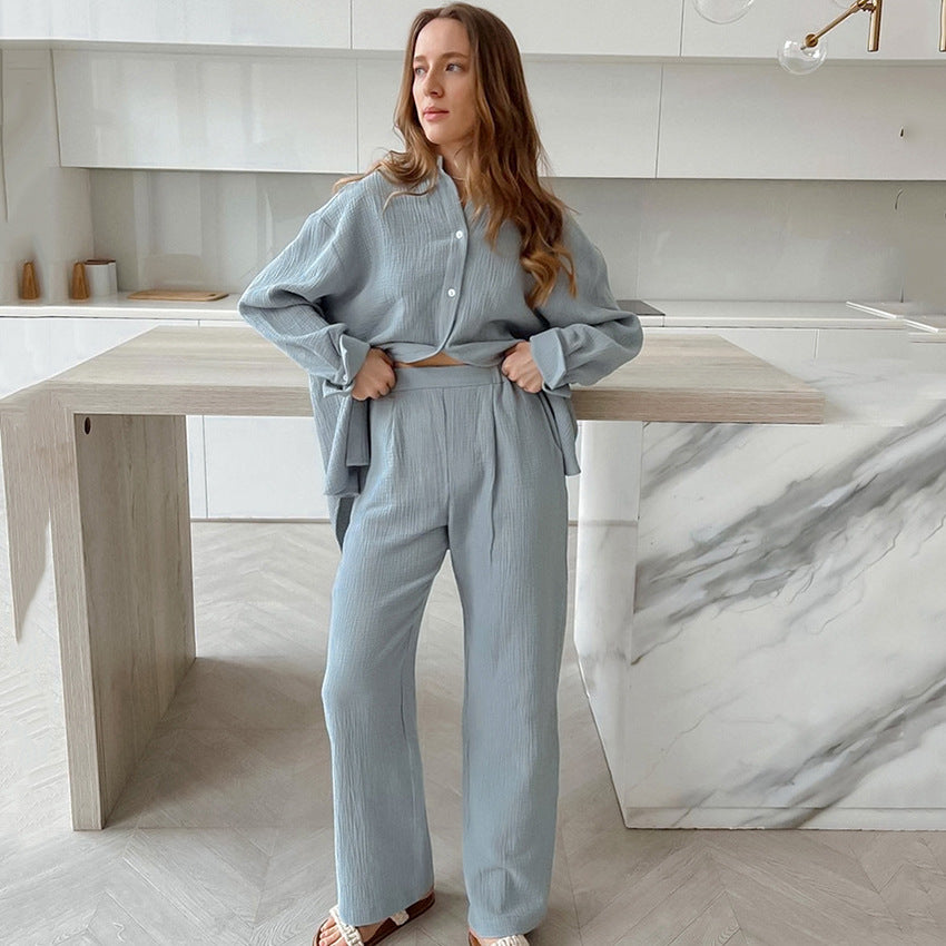 Shirt Double-layer Crepe Loose Long Sleeve Trousers Suit
