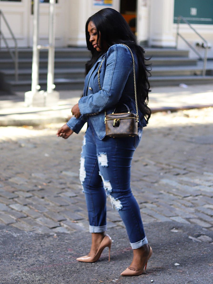 Women's European And American Slim Double-breasted Denim Suit Jacket