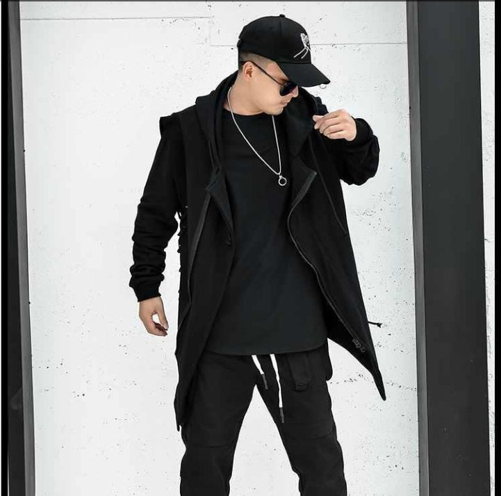 Dark Mid Length Windbreaker Men's Loose Hip Hop Cloak Sweater Hooded Coat