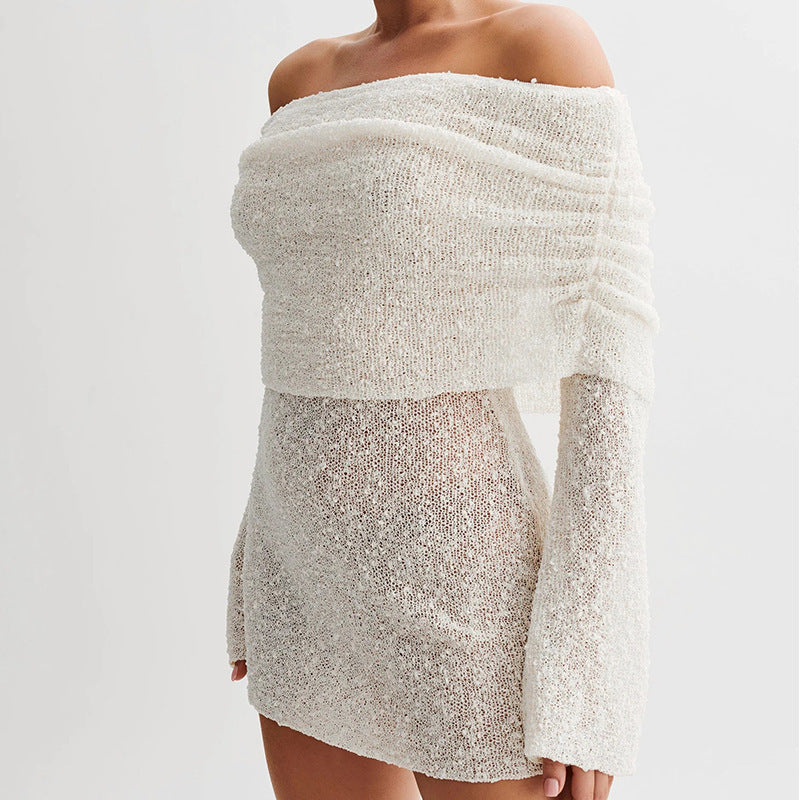 Skirt Knitted Hollow Chest Wrap Off-shoulder Dress