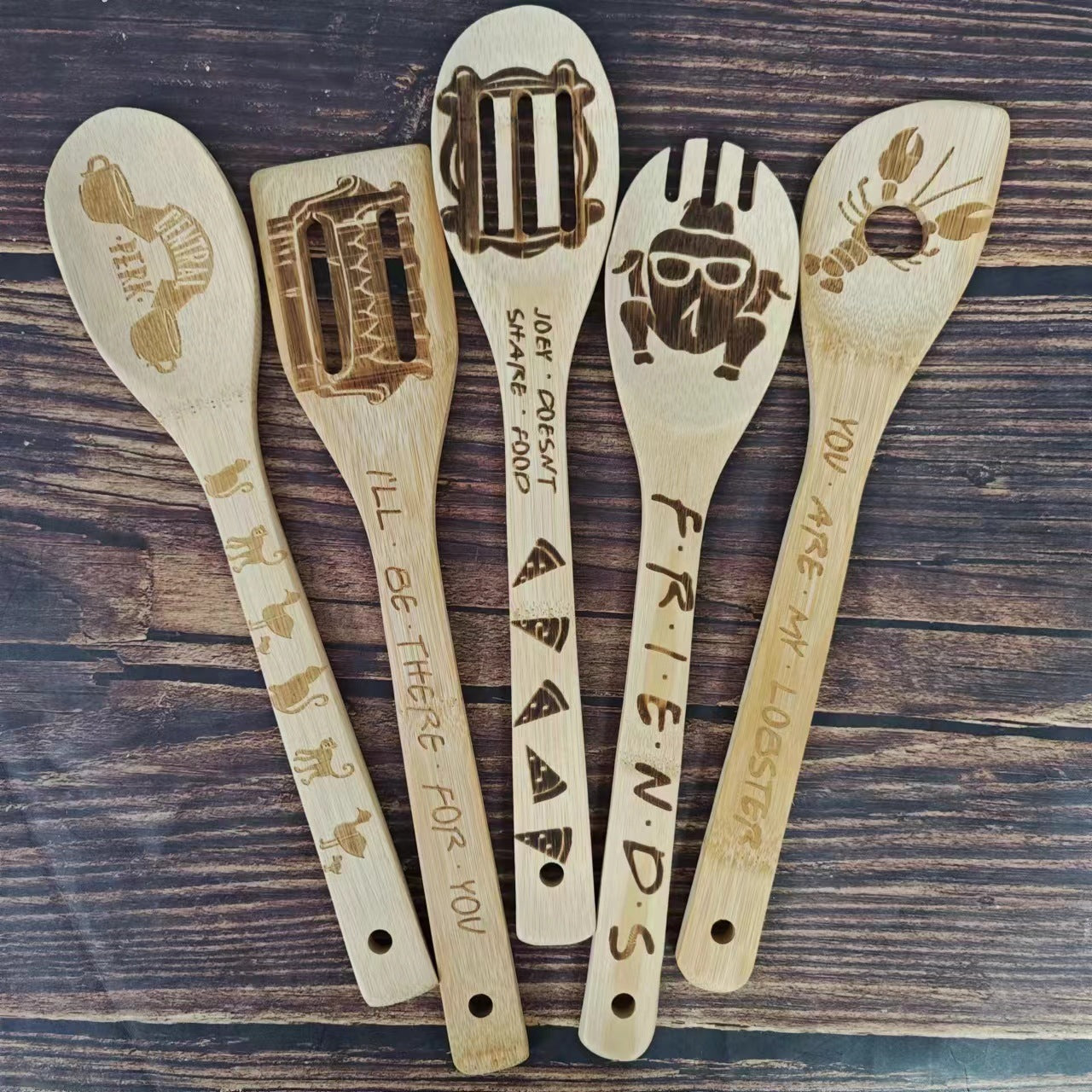 Bamboo Shovel Laser Engraving Pattern Halloween Christmas Bamboo Shovel Cooking Suit Five-piece Set