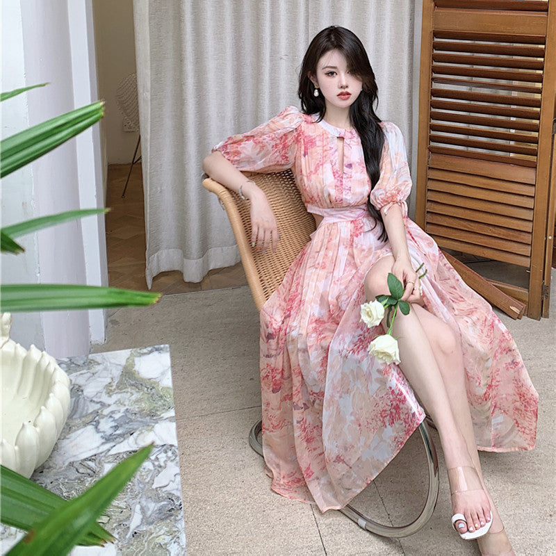 Artistic Print Aesthetic Atmosphere Design Sense Waist Long Dress