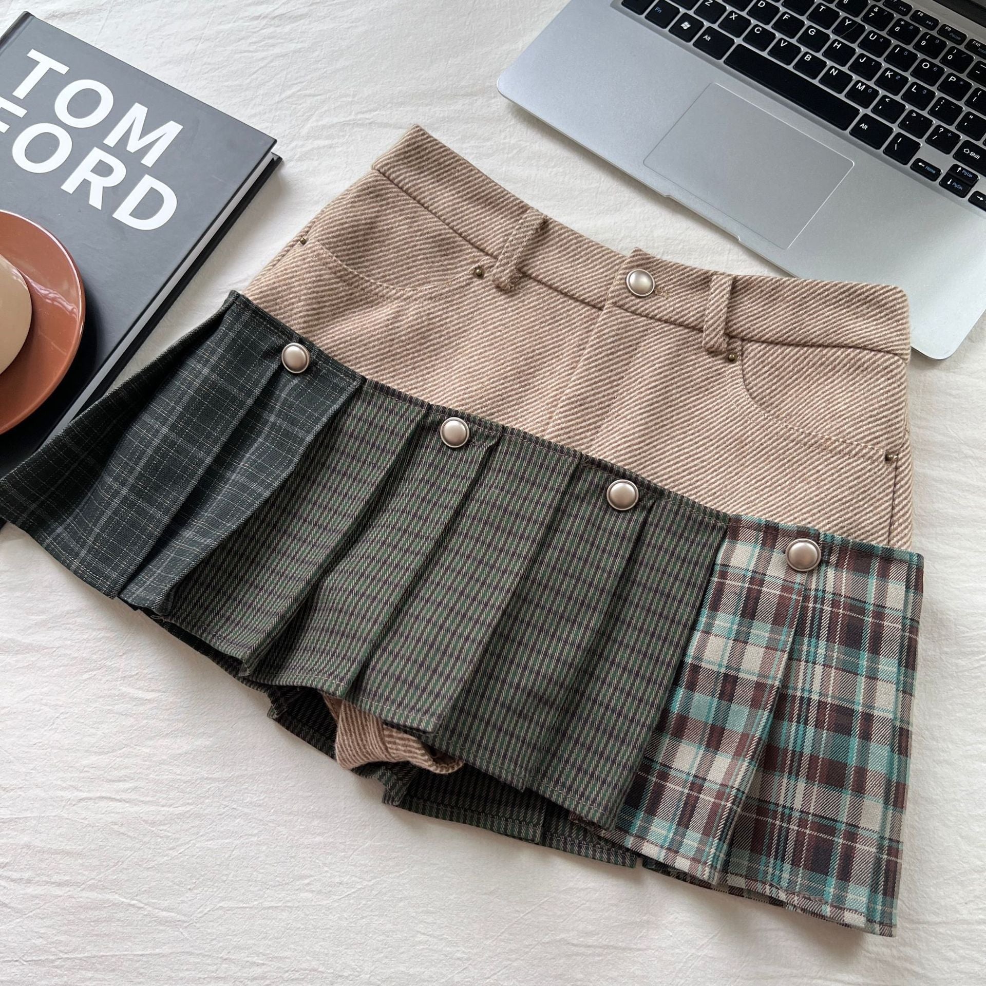 Women's Retro American Plaid Stitching Skirt