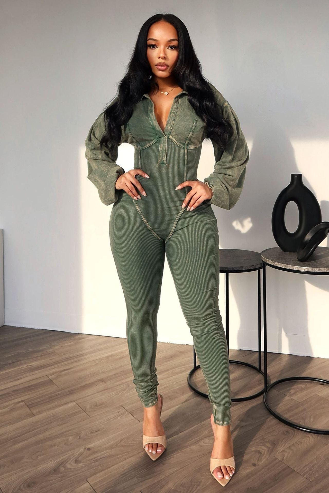 Women's Clothing V-neck Gigot Sleeve Tight Stitching Jumpsuit