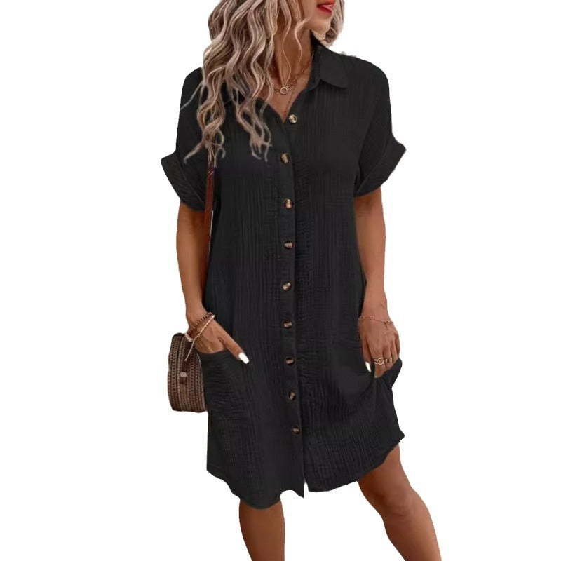 Summer Simplicity V-neck Buttons Cotton Linen Women's Shirt Dress