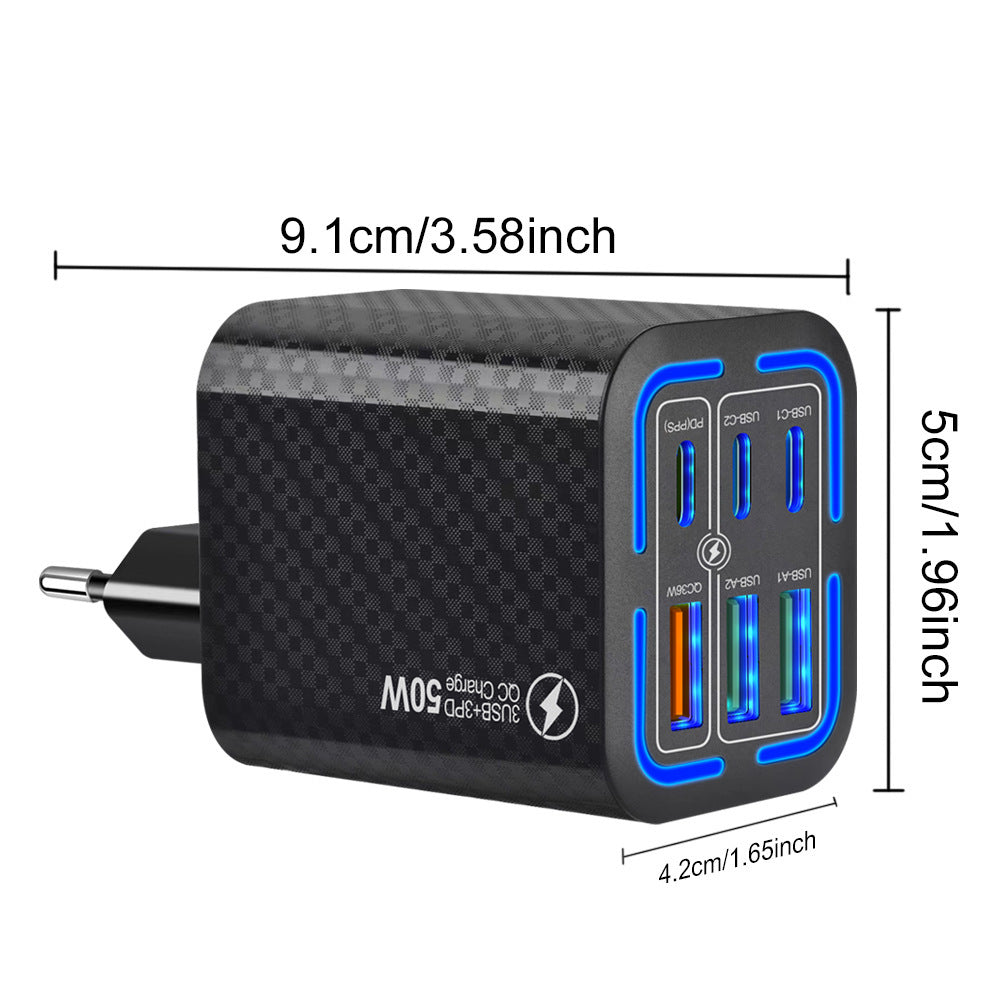 50W 6Ports 3USB 3PD Multi-interface Fast Charging Mobile Phone Charging Plug