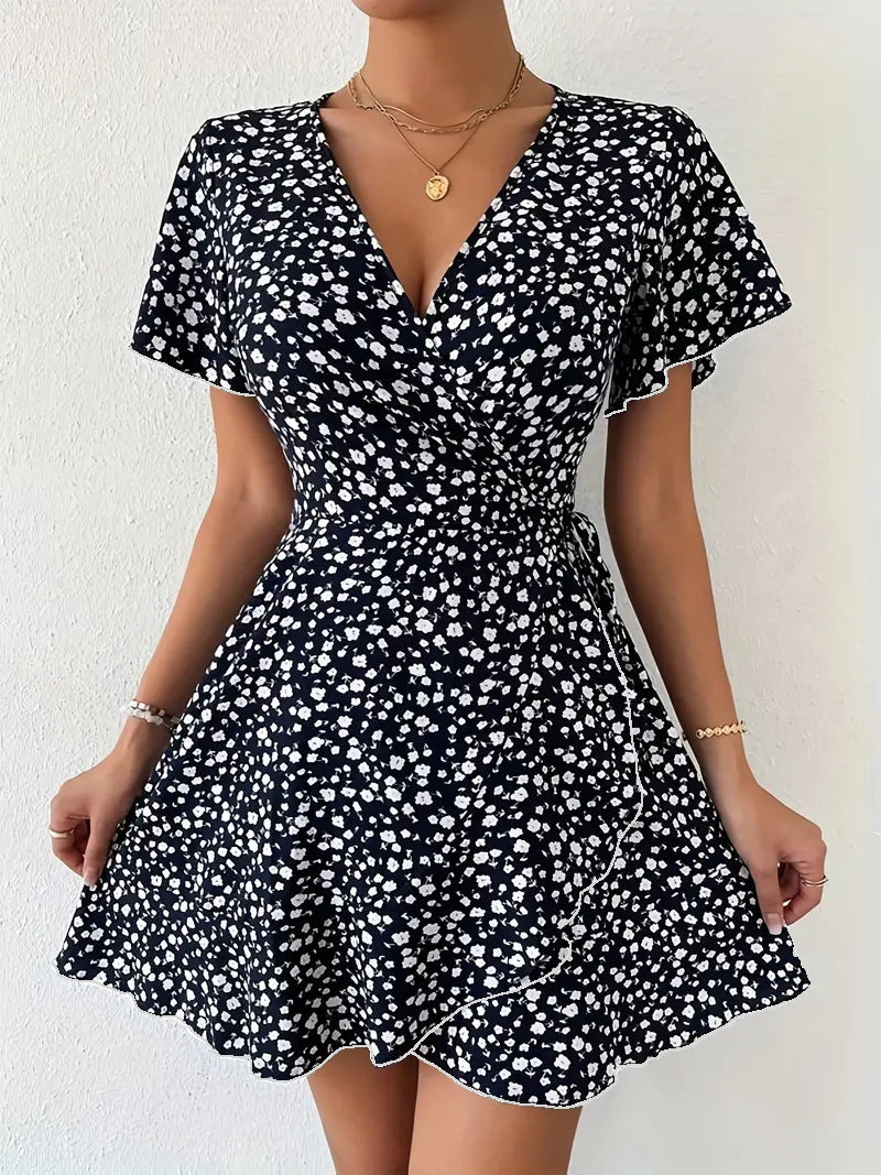 Floral Tie-neck Waist Trimming Short-sleeved V-neck Women's Clothing Dress