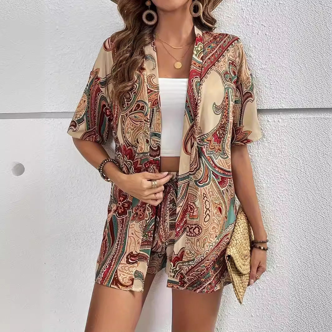 Holiday Floral Print Elegant Two-piece Shirt Short Sleeve Top Drawstring High Waist Shorts