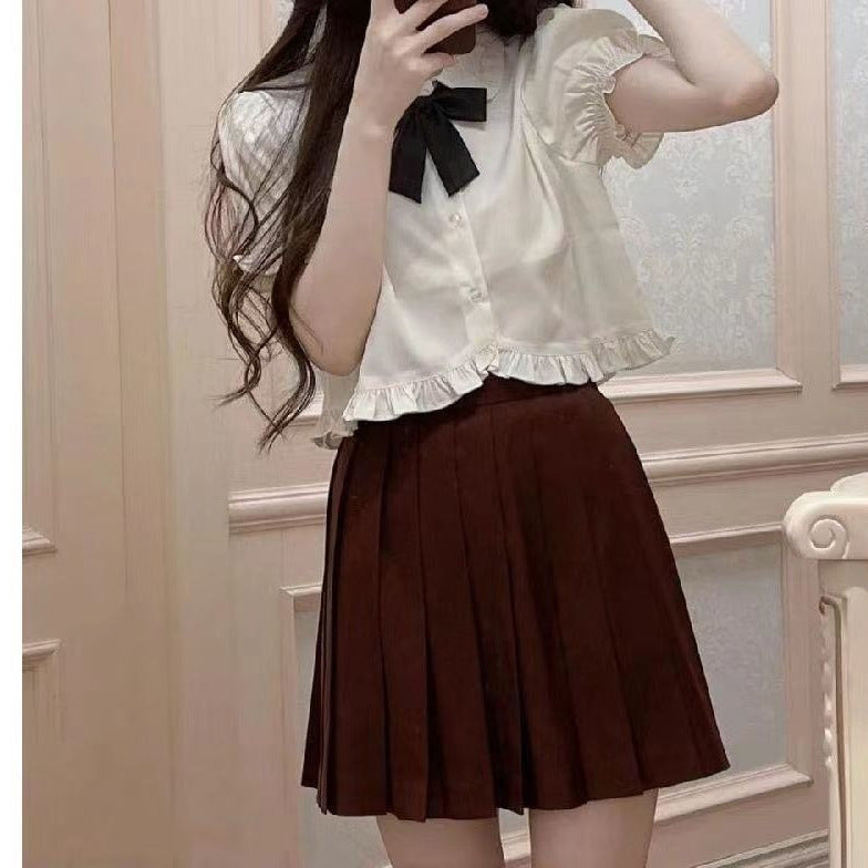 Women's Summer College Style Puff Sleeve White Short Sleeve Shirt