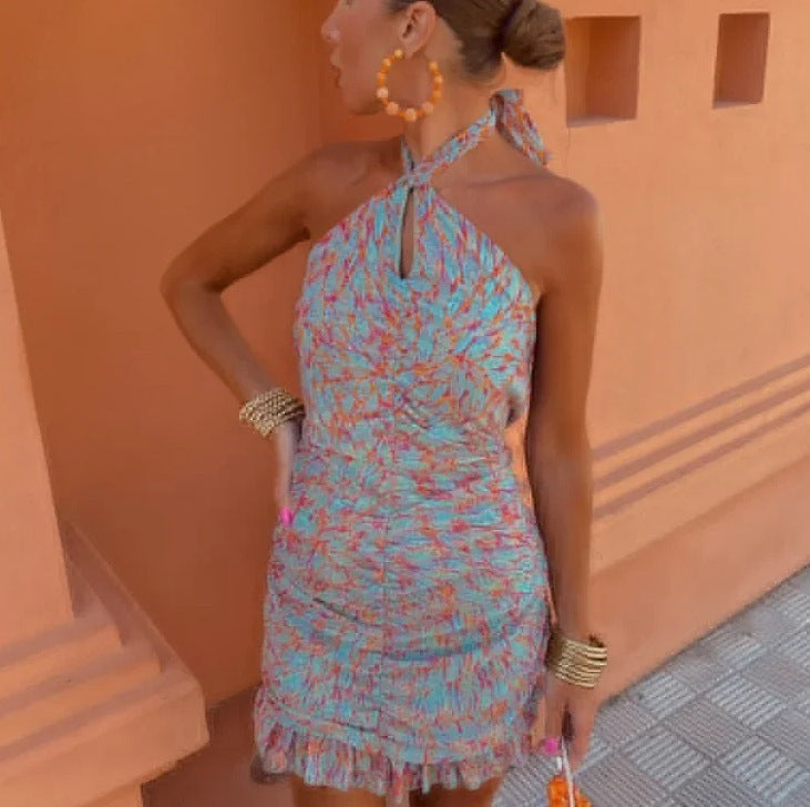 Cross-border European And American Women's Clothing Printing Cross-halterneck Dress