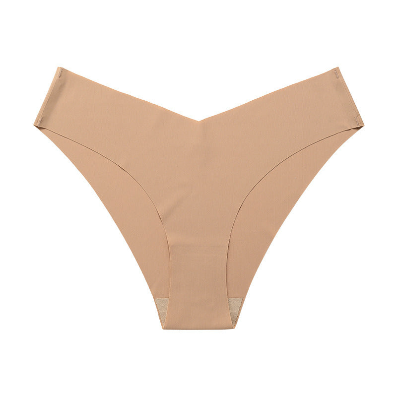 Seamless Ice Silk Underwear For Women With V-shaped Waistband. One-piece Pure Cotton Crotch Breathable Women's Briefs.