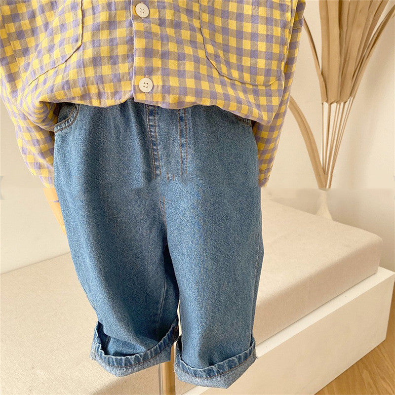 Children's Elastic Waist Leisure Washed-out Jeans